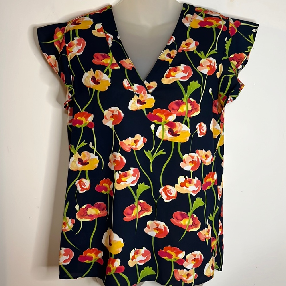 C&E Women's Navy Blue Poppy Floral Flutter Sleeve V-Neck Blouse Top Size M